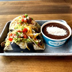 Tacos 4 Life - Two Fajita Chicken Tacos and a Side of Refried Black Beans - Mmm!