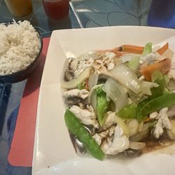 Golden Dragon - Chicken and vegetables.  The brown is the soy sauce I added before I took the photo.