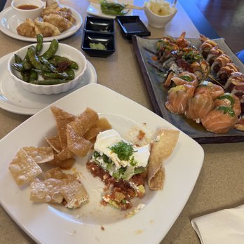 Toshi 1.0 - Goyza, garlic edamame, nacho tower, geisha roll, Jenna roll and nigiri. - Japanese Near Me - Atascadero, California