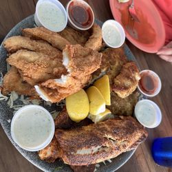 Hurricane Hole Marina - Out catch - yellow jack - fried , panko and blackened - so yummy.