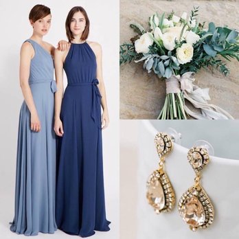 Veiled In Elegance - Our simple and elegant Amsale Bridesmaid gowns with statement gold Haute Bride earrings and floral inspiration. - Bridal Near Me - Geneva, Illinois Veiled In Elegance - Our simple and elegant Amsale Bridesmaid gowns with statement gold Haute Bride earrings and floral inspiration. - Bridal Near Me - Geneva, Illinois