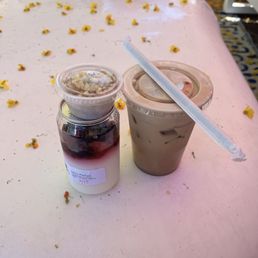 Iced Honey Lav Latte and berry parfait