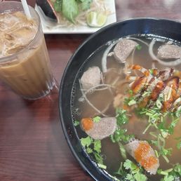 Happy hour special - beef and beef ball mixed pho with viet iced coffee Happy hour special - beef and beef ball mixed pho with viet iced coffee