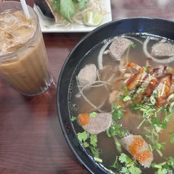 One Saigon - Happy hour special - beef and beef ball mixed pho with viet iced coffee