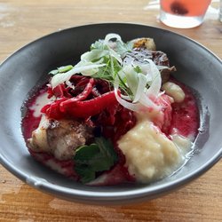 The Burning Barrel - Mangalitsa port chop, beet kimchi, sheep cheese dumplings