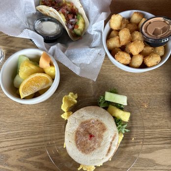 Bubba's Burgers And Bar - Avo taco, side of tots, fruit cup, and Han's sandwich - American Near Me - Traverse City, Michigan