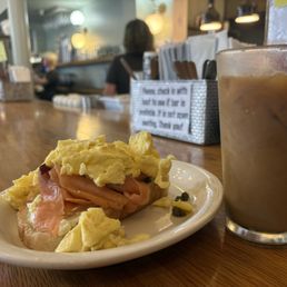 Salmon egg toast and a cafe au lait Salmon egg toast and a cafe au lait