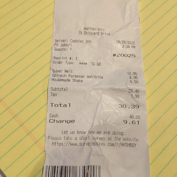 Wahlburgers - Receipt I had to ask for $30.39... wasn't given at ordering,,or in bag - Burgers Near Me - Hingham, Massachusetts Wahlburgers - Receipt I had to ask for $30.39... wasn't given at ordering,,or in bag - Burgers Near Me - Hingham, Massachusetts