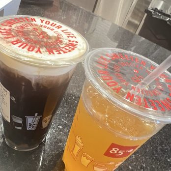 85°C Bakery Cafe-Northridge - Sea salt crème topping on iced coffee and my passionfruit tea - Bakeries Near Me - Northridge, California