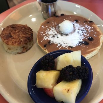 Snooze, an A.M. Eatery - children chocolate chip pancake with fruit - Breakfast & Brunch Near Me - Orange, California Snooze, an A.M. Eatery - children chocolate chip pancake with fruit - Breakfast & Brunch Near Me - Orange, California