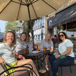 Half of the group,  sitting outside