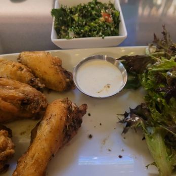 Pinched on the River - Mediterranean wings were dried. No spice. Side salad and my order of tabouli were good. - Mediterranean Near Me - Chicago, Illinois