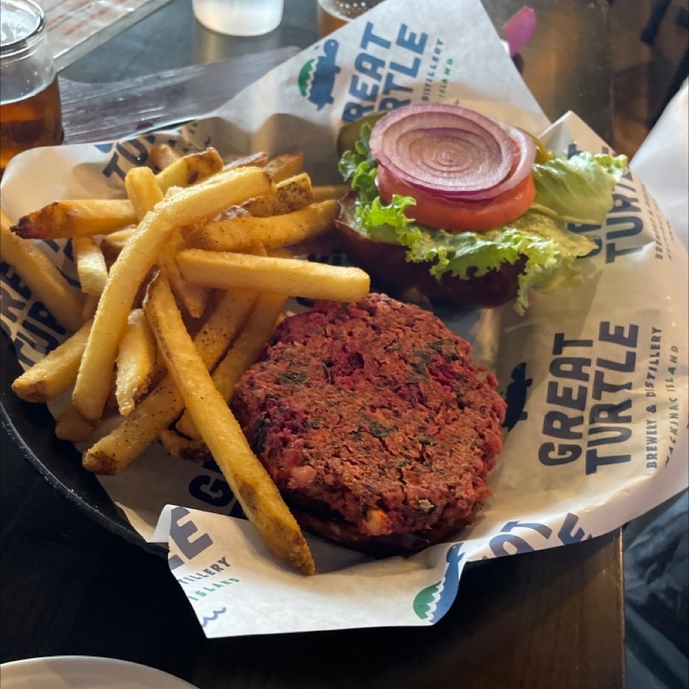 Great Turtle Brewery and Distillery - Roasted beet chickpea burger - Distilleries Near Me - Mackinac Island, Michigan Great Turtle Brewery and Distillery - Roasted beet chickpea burger - Distilleries Near Me - Mackinac Island, Michigan
