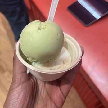 Milk & Froth - Single scoop split with matcha pistachio and sea salt butter cake - Ice Cream & Frozen Yogurt Near Me - Ann Arbor, Michigan