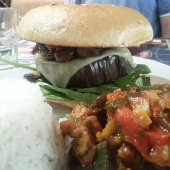 Old Wild West - Veggie burger is eggplant with cheese, pitted olives and sun dried tomato. Served with vegetable ragu and instant rice. - Burgers Near Me - Milan, Michigan