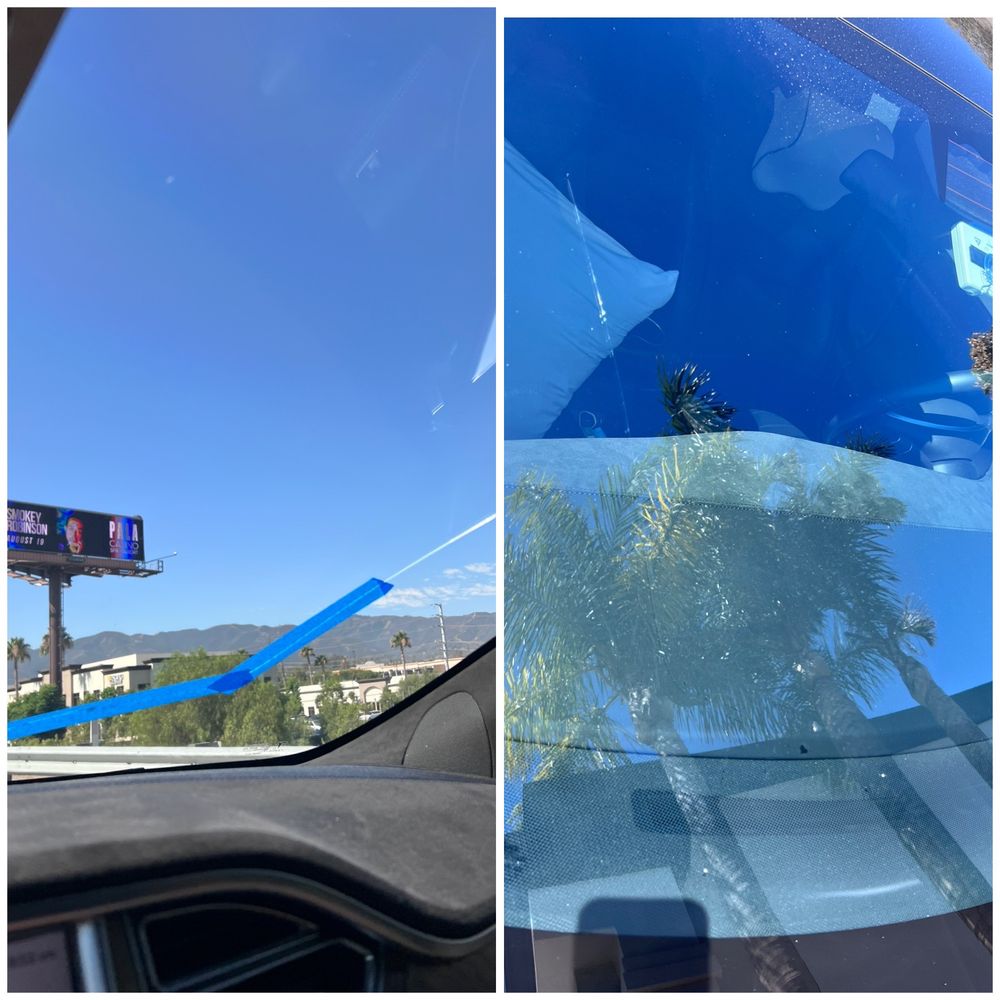 Safe Choice Auto Glass - Left: cracked windshield & you can see it was growing beyond the blue tape. Right: after it was repaired. - Auto Glass Services Near Me - Corona, California Safe Choice Auto Glass - Left: cracked windshield & you can see it was growing beyond the blue tape. Right: after it was repaired. - Auto Glass Services Near Me - Corona, California
