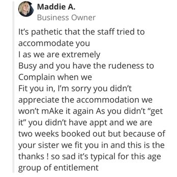 Momma's Medi Spa - Business owner's response to my less than stellar experience. Complete with ageist remarks and customer blaming. Sad, do better. - Medical Spas Near Me - Solana Beach, California