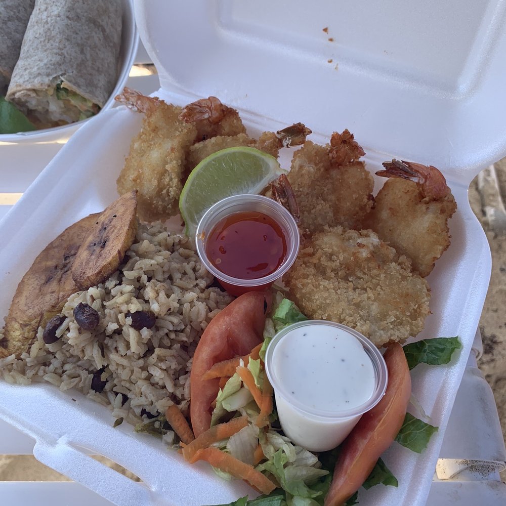Coki Beach - Shrimp with Rice, beans, plantains and salad - Beaches Near Me - St Thomas, Virgin Islands Coki Beach - Shrimp with Rice, beans, plantains and salad - Beaches Near Me - St Thomas, Virgin Islands