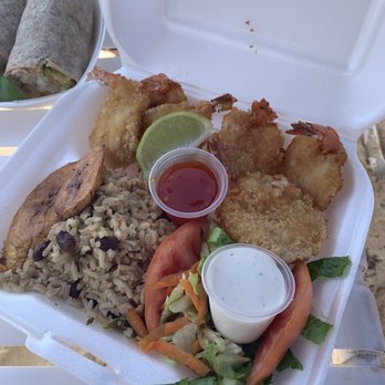 Coki Beach - Shrimp with Rice, beans, plantains and salad - Beaches Near Me - St Thomas, Virgin Islands