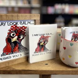 Pine & Maple Boutique - Funny chicken sign card and drink cover.
