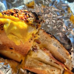 Bagels On Pointe - Bacon, egg and cheese on an everything bagel