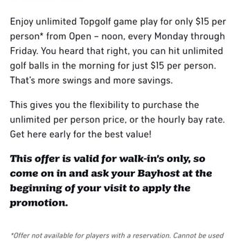 Topgolf - Website posting of special rates that are NOT honored. - Golf Near Me - Houston, Texas