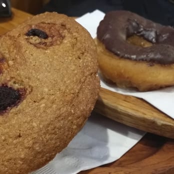 Honey's Bistro - Peach-raspberry muffin and a chocolate glazed donut - Breakfast & Brunch Near Me - Encinitas, California