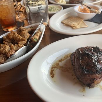 Bare Bones Steakhouse - Filet Mignon with à la cart side of fried okra. Pimento cheese appetizer. - Steakhouses Near Me - Buford, Georgia