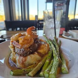 BJ's Restaurant & Brewhouse - Surf and turf on a bed of mashed potatoes with Asparagus. Delightful.