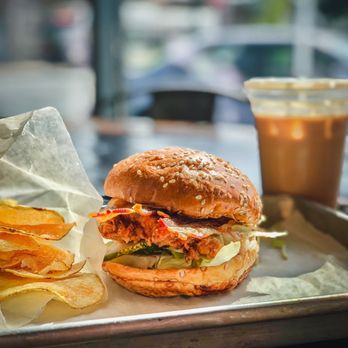 Firecakes Donuts - a burger and chips on a tray - Donuts Near Me - Oak Park, Illinois