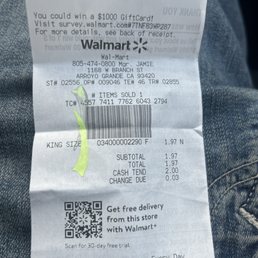 A receipt from walmart and they didn't give me the third penny.