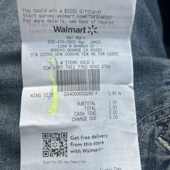 Walmart - A receipt from walmart and they didn't give me the third penny. - Department Stores Near Me - Arroyo Grande, California