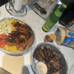 BBQ chicken meal bowl + jerk wings + green ting