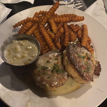 10 West - Salmon Cakes, corn chowder and sweet potato fries - Burgers Near Me - Cicero, Indiana