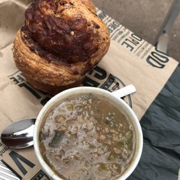 Beecher's cheese and scallion bun & lentil soup for lunch.