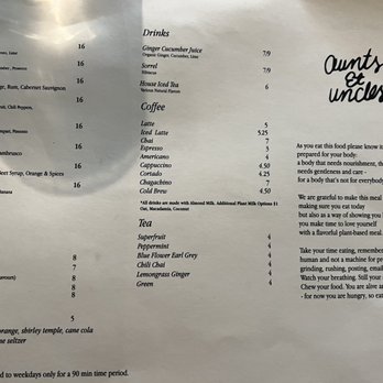 Aunts et Uncles - Drink menu - Vegan Near Me - Brooklyn, New York Aunts et Uncles - Drink menu - Vegan Near Me - Brooklyn, New York