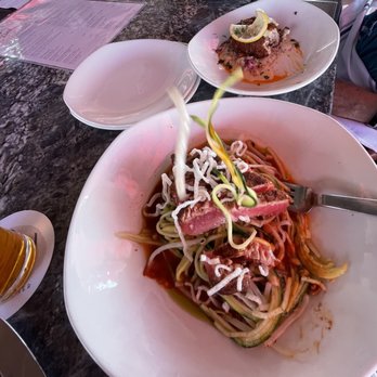 Topsail - Bluefin tuna with zucchini noodles and crab cake. - American Near Me - San Diego, California Topsail - Bluefin tuna with zucchini noodles and crab cake. - American Near Me - San Diego, California