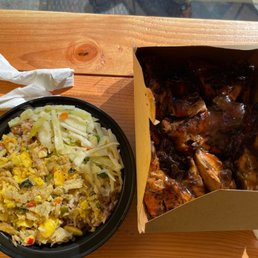 Ackee & saltfish over rice (no ground food left by 1pm - thankful they still had the ackee!!) & killing jerk chicken //
