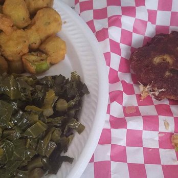 Nippy's Soul Food - Crab cakes, fried okra, collards, and rice and gravy. The photo doesn't do it justice! - Soul Food Near Me - Wilmington, North Carolina Nippy's Soul Food - Crab cakes, fried okra, collards, and rice and gravy. The photo doesn't do it justice! - Soul Food Near Me - Wilmington, North Carolina