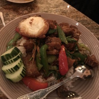 Brown Sugar Cafe - Ka-na Moo Grob!! Soooo spicyyy and tastyyy with an egg - Thai Near Me - Boston, Massachusetts Brown Sugar Cafe - Ka-na Moo Grob!! Soooo spicyyy and tastyyy with an egg - Thai Near Me - Boston, Massachusetts