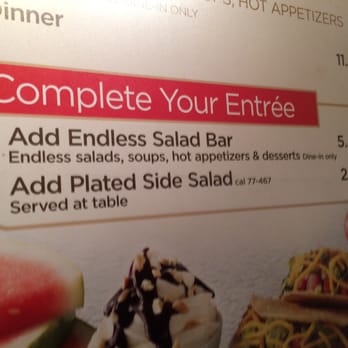 Sizzler - Order this plated side salad. Then when they give you an empty plate fill up at the salad buffet. - Seafood Near Me - Colma, California Sizzler - Order this plated side salad. Then when they give you an empty plate fill up at the salad buffet. - Seafood Near Me - Colma, California