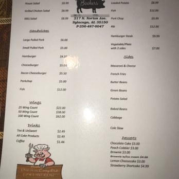 Booker's BBQ - the menu for the restaurant - American Near Me - Sylacauga, Alabama Booker's BBQ - the menu for the restaurant - American Near Me - Sylacauga, Alabama