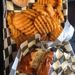 Hangry Joe's Hot Chicken - Mild chicken sando and waffle fries