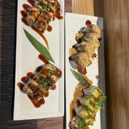 Baked salmon rolls , crispy rolls and blue crab/ salmon asparagus rolls