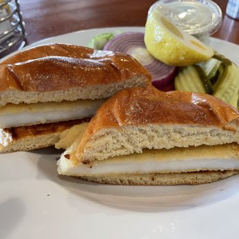 Duckie's Chowder House - Calamari sandwich cut in half because it's shareable with all the fixings - Seafood Near Me - Cayucos, California