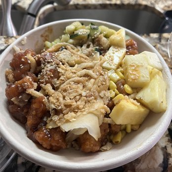 Poke Cafe - General Tso chicken with fried onion toppings, pineapple, cucumbers, etc - Poke Near Me - Rockaway, New Jersey