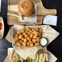 The Pub - Classic burger, lots n lots of tater tots, and club sandwich