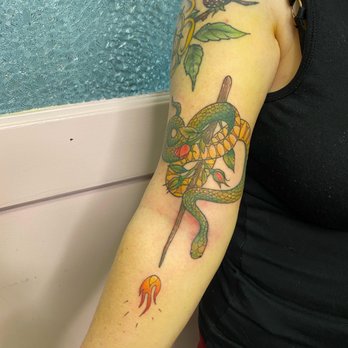 Pretty In Ink: Electric Tattooing - Snake wand with flame on right inner arm! - Tattoo Near Me - Alameda, California Pretty In Ink: Electric Tattooing - Snake wand with flame on right inner arm! - Tattoo Near Me - Alameda, California