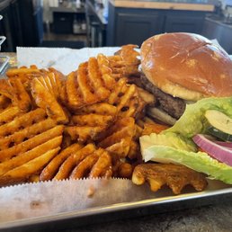 Cheeseburger and waffle fries