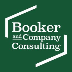 Booker and Company - Logo with Green background. Bookends hug  clients denoting that we are in this together.
